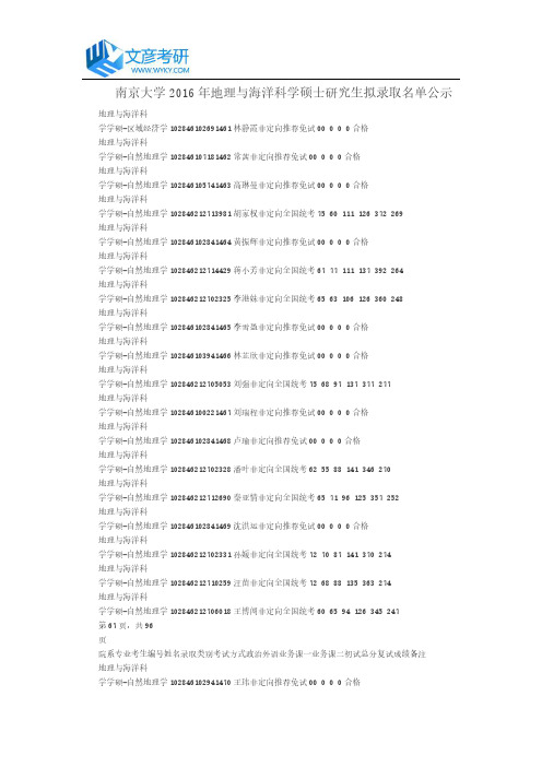 南京大学2016年地理与海洋科学硕士研究生拟录取名单公示