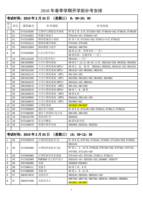 2010年春季学期开学前补考安排汇总