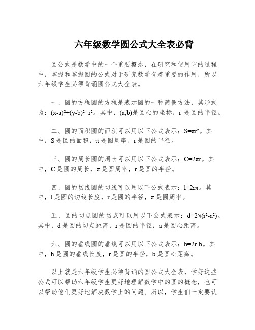 六年级数学圆公式大全表必背