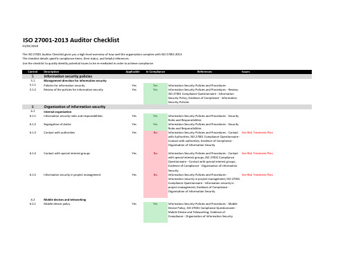 ISO27001：2013信息安全管理体系内审检查表英文版