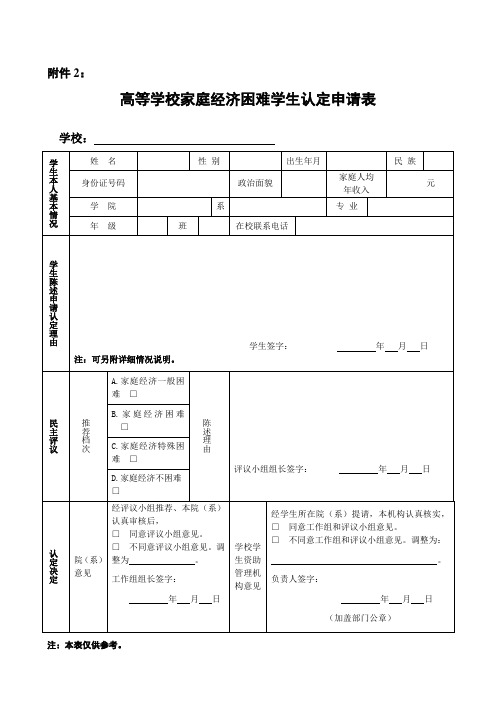 高等学校家庭经济困难学生认定申请表