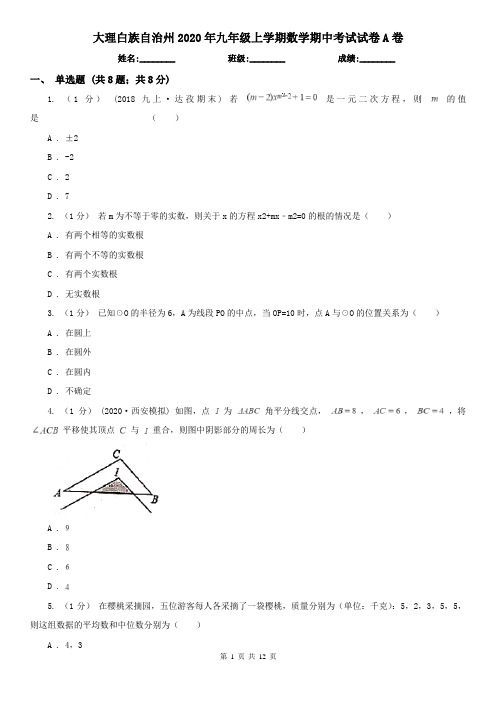 大理白族自治州2020年九年级上学期数学期中考试试卷A卷