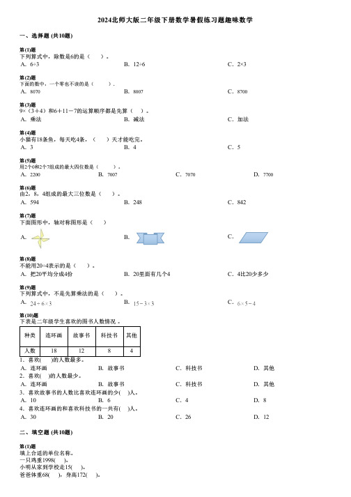 2024北师大版二年级下册数学暑假练习题趣味数学