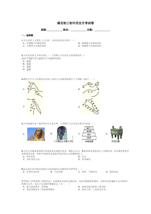 湖北初三初中历史月考试卷带答案解析
