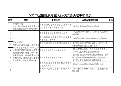 市卫生健康局重大行政执法决定事项目录【模板】