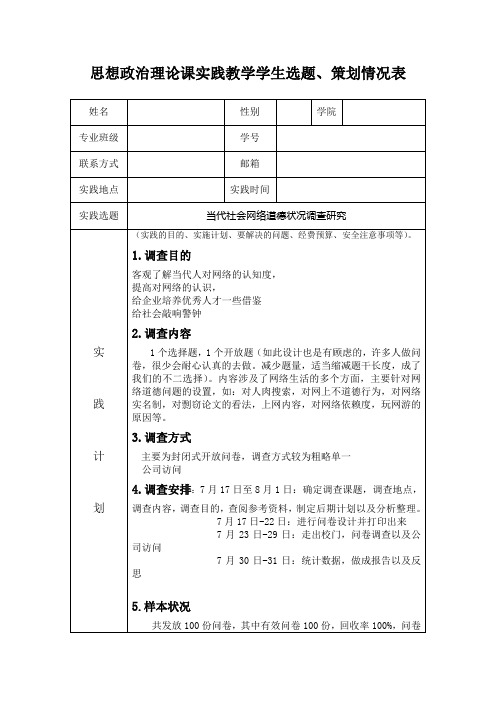 思想政治理论课实践教学学生选题、策划情况表