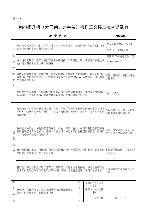 001-附 12-6-3 物料提升机(龙门架、井字架)操作工交接班检查记录表