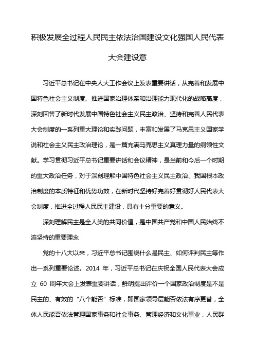 积极发展全过程人民民主依法治国建设文化强国人民代表大会建设意