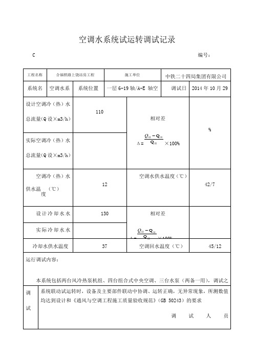 空调水系统试运转调试记录