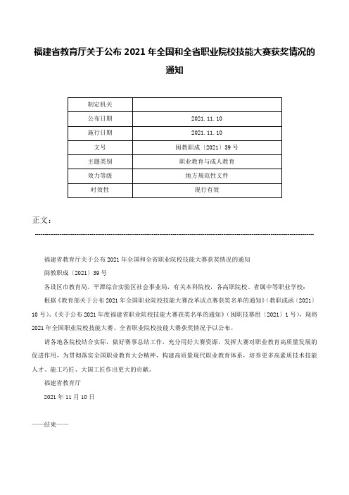 福建省教育厅关于公布2021年全国和全省职业院校技能大赛获奖情况的通知-闽教职成〔2021〕39号