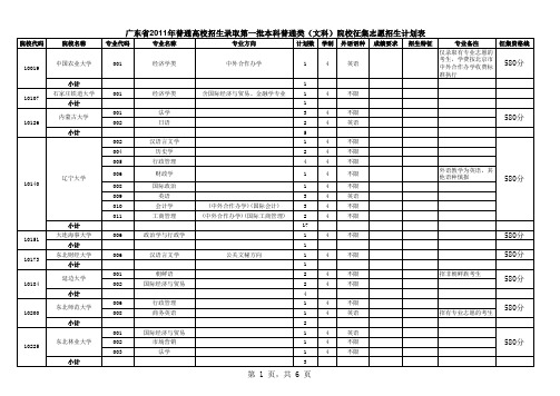 广东省2011年普通高校招生录取第一批本科普通类(文科)院校征集志愿招生计划表