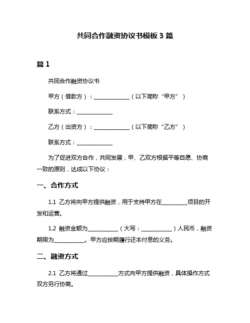 共同合作融资协议书模板3篇