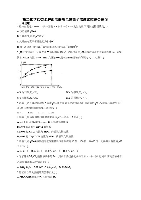 高二化学盐类水解弱电解质电离离子浓度比较综合练习(附答案)