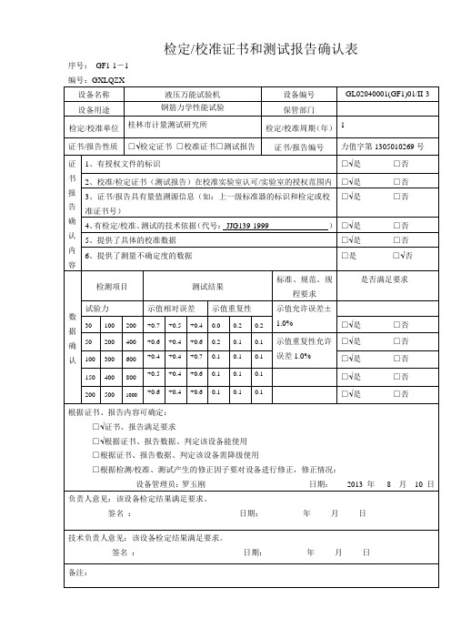 试验室仪器设备检定校准证书和测试报告确认表(公司范本)