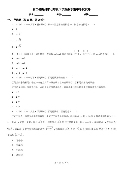 浙江省衢州市七年级下学期数学期中考试试卷