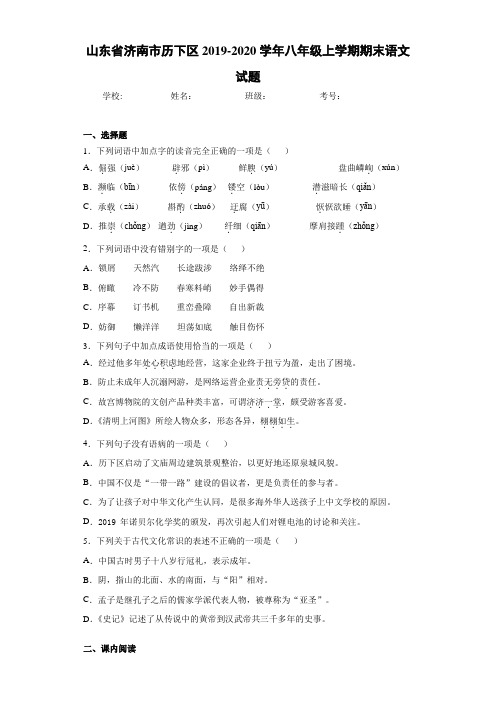 山东省济南市历下区2019~2020学年八年级上学期期末语文试题