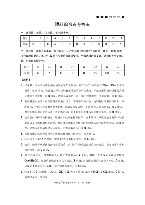 高考理综云南师大附中2022届高考适应性月考卷(四)理综答案