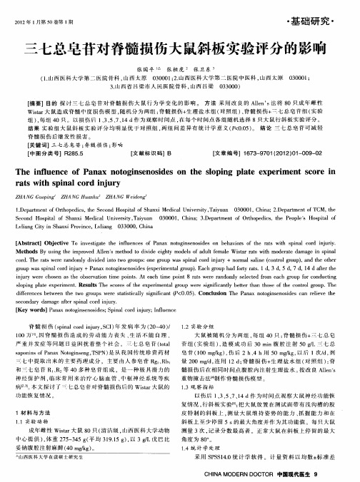 三七总皂苷对脊髓损伤大鼠斜板实验评分的影响