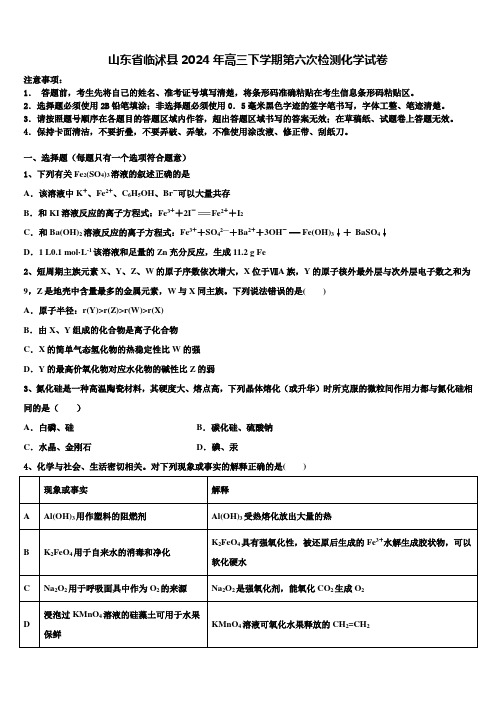 山东省临沭县2024年高三下学期第六次检测化学试卷含解析