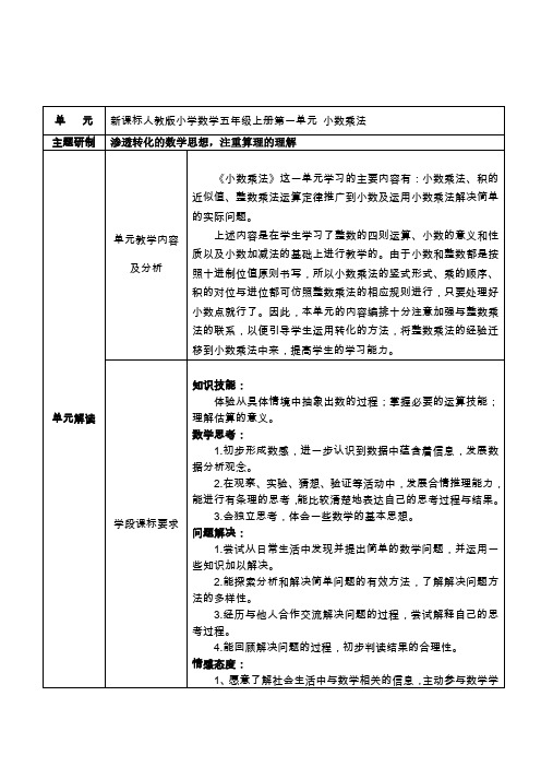 新课标人教版小学数学五年级上册第一单元-小数乘法单元备课