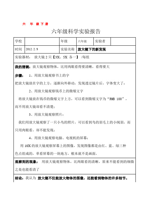 教科版六年级科学下册实验报告