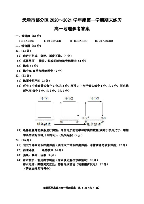 天津市部分区-学年高一上学期期末考试地理试题 扫描版含答案