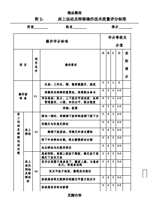 床上运动及转移操作技术质量评分标准