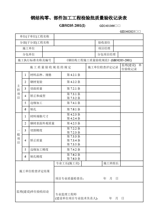 钢结构零部件加工工程检验批质量验收记录表工程文档范本