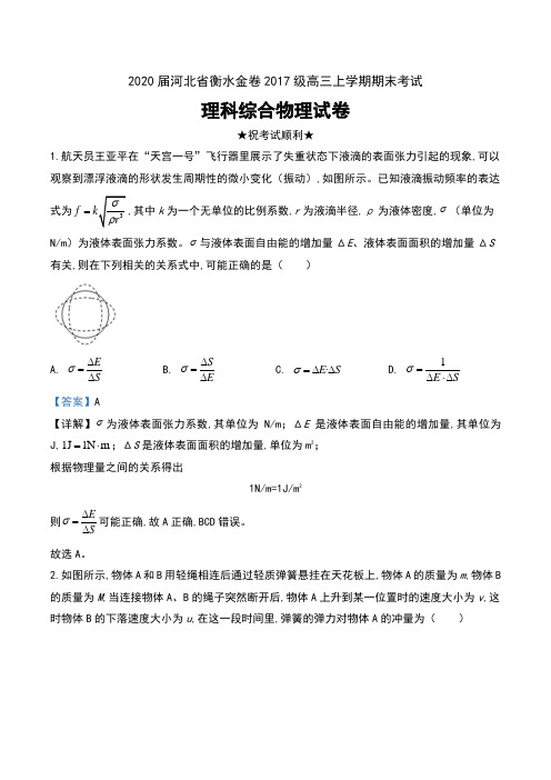 2020届河北省衡水金卷2017级高三上学期期末考试理科综合物理试卷及解析