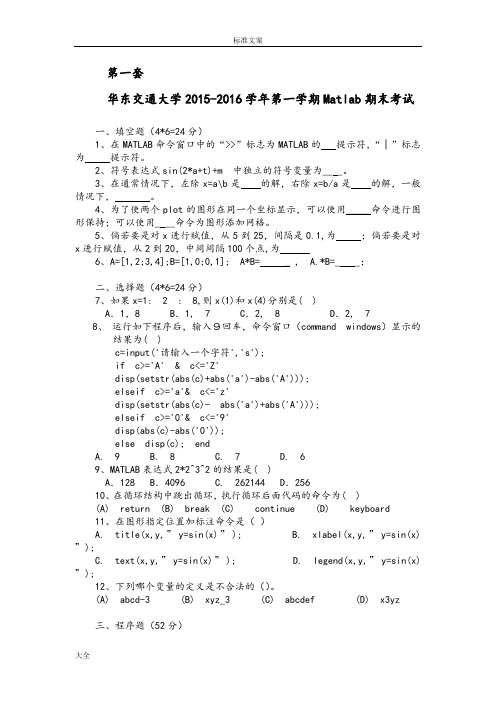 Matlab期末考精彩试题库共12套卷