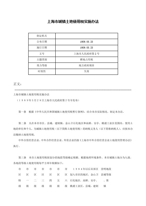 上海市城镇土地使用税实施办法-上海市人民政府第2号