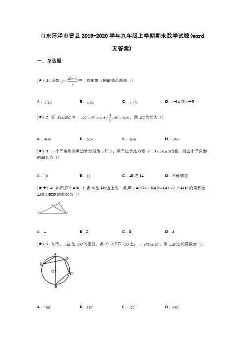 山东菏泽市曹县2019-2020学年九年级上学期期末数学试题(word无答案)