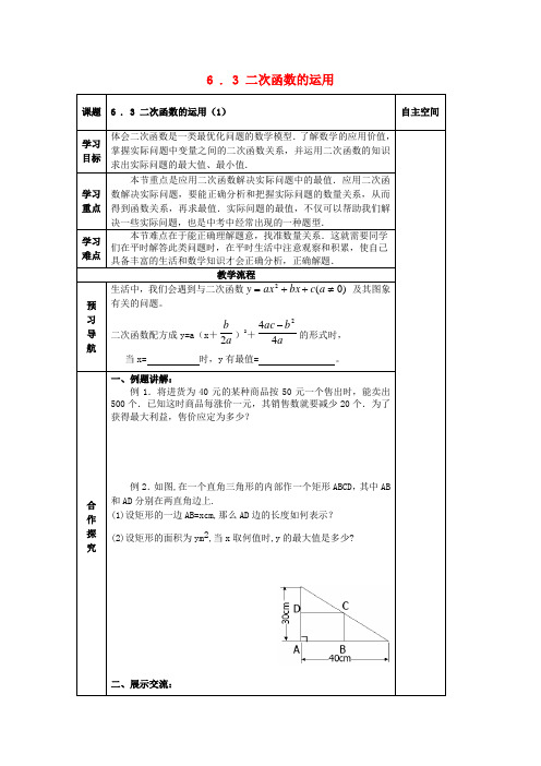 2018届九年级数学下册 第6章 二次函数 6.4 二次函数的应用(1)导学案(无答案) 苏科版