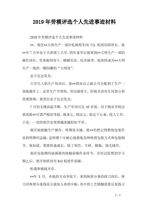 2019年劳模评选个人先进事迹材料