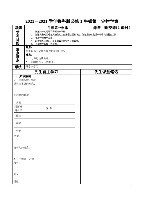 2021-2021学年鲁科版必修1牛顿第一定律学案