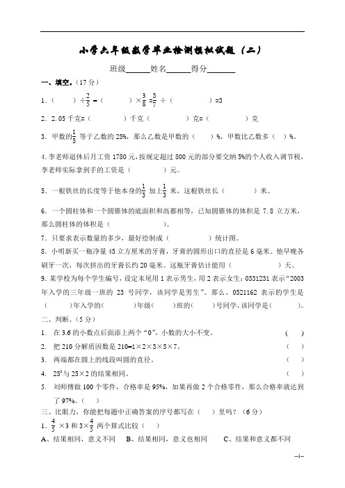 小学六年级数学毕业检测模拟试题(二)