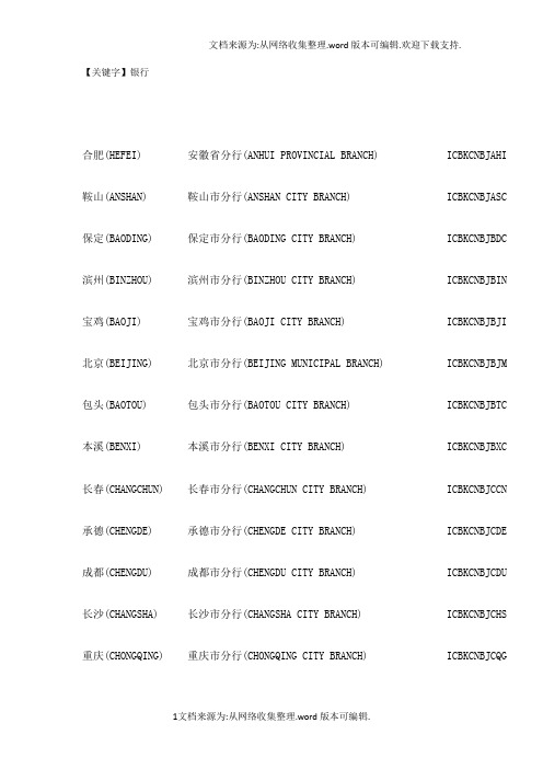 【银行】工商银行swift代码大全