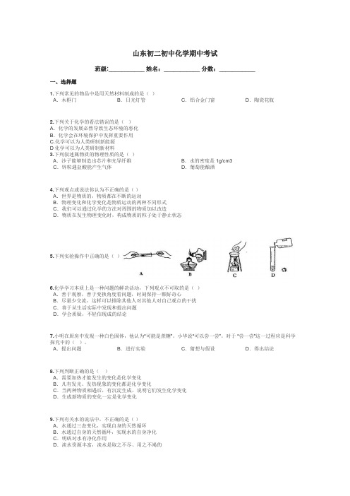 山东初二初中化学期中考试带答案解析
