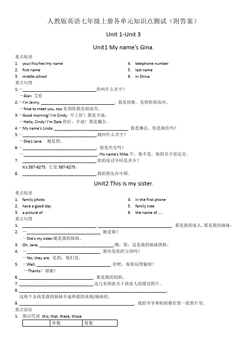 人教版英语七年级上册各单元知识点测试(附答案) Unit 1-Unit 3