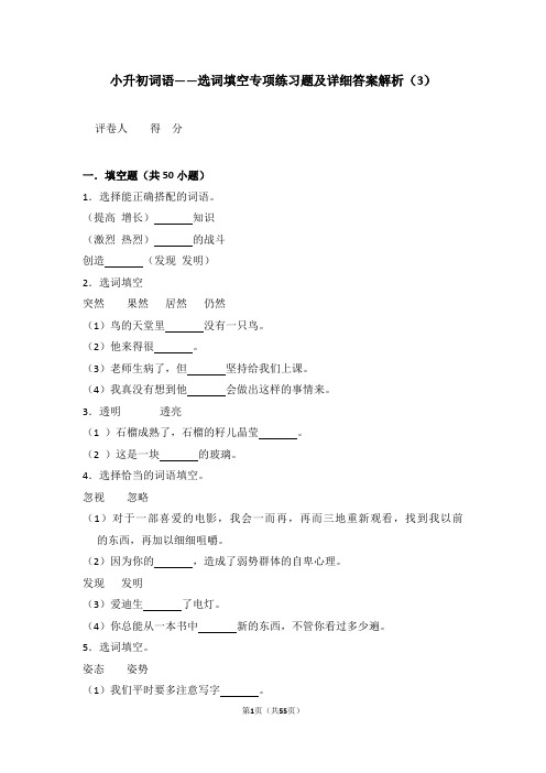 小升初词语——选词填空专项练习题及详细答案解析(3)