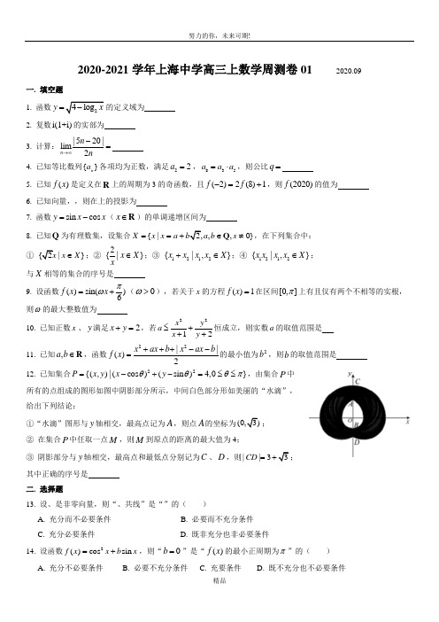 上海中学2021届高三上学期数学周测卷01 Word版含答案