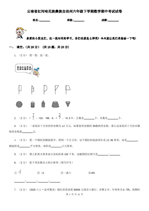 云南省红河哈尼族彝族自治州六年级下学期数学期中考试试卷