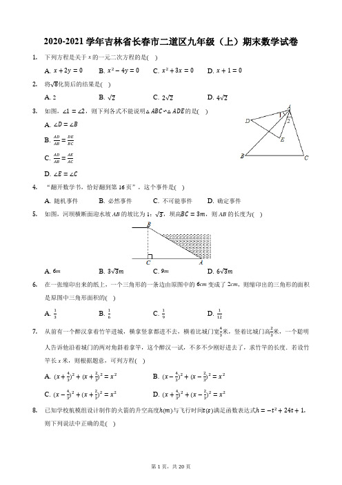 2020-2021学年吉林省长春市二道区九年级(上)期末数学试卷