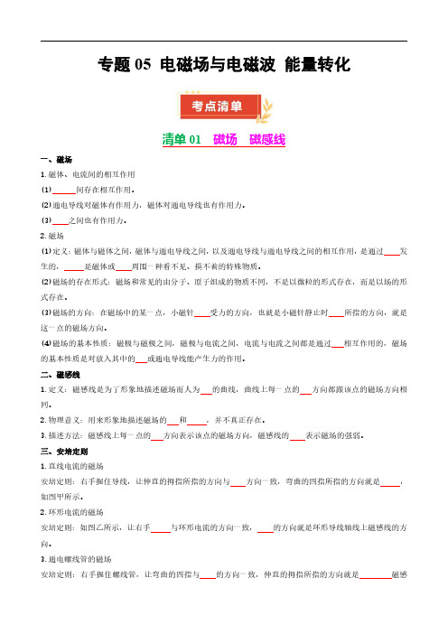 电磁场与电磁波 能量转化【考点清单】(原卷版)-2025学年高二物理上学期期中考点(鲁科版必修三)