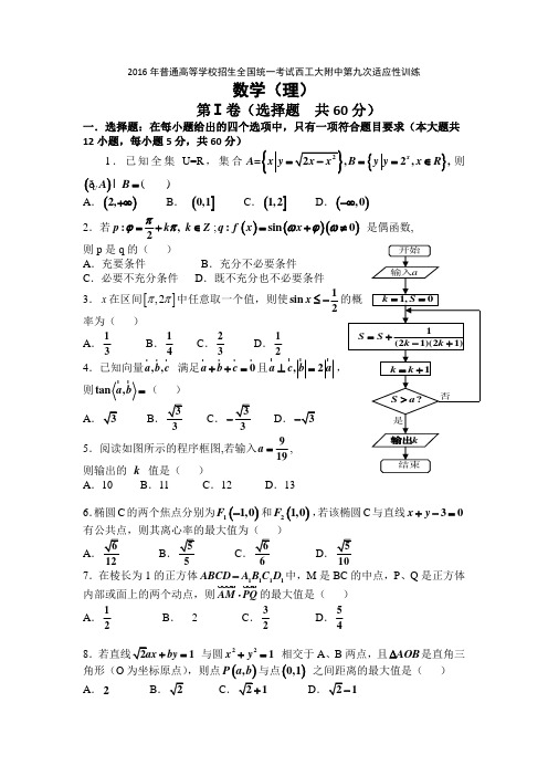 陕西西北工业大学附属中学2016高三第九次适应性考试数学理试题 word含答案