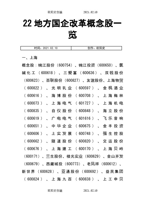 中国22地方国企改革概念股名称代码一览之欧阳史创编