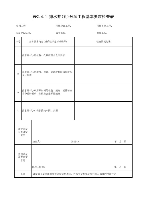 排水井(孔)分项工程基本要求检查表