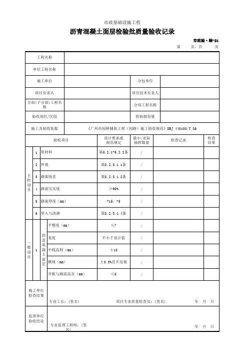 市政验·绿-21 沥青混凝土面层检验批质量验收记录