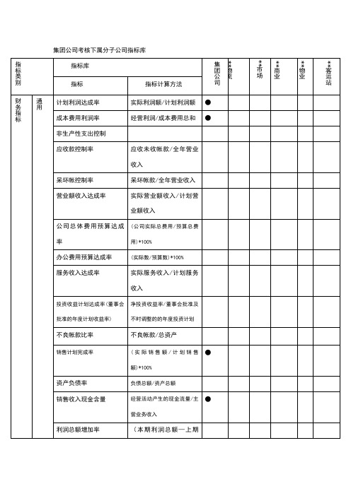 集团公司考核下属分子公司指标库