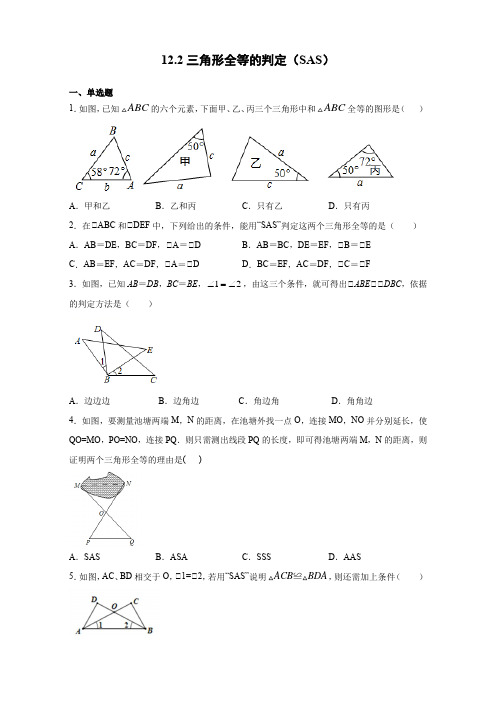 12-2三角形全等的判定(SAS)同步练习-八年级数学人教版上册